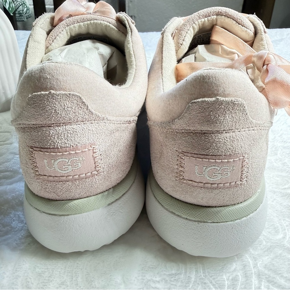UGG Blush Pink Suede Sneakers Satin Ribbon Laces Women’s Size 7 - Picture 2 of 7